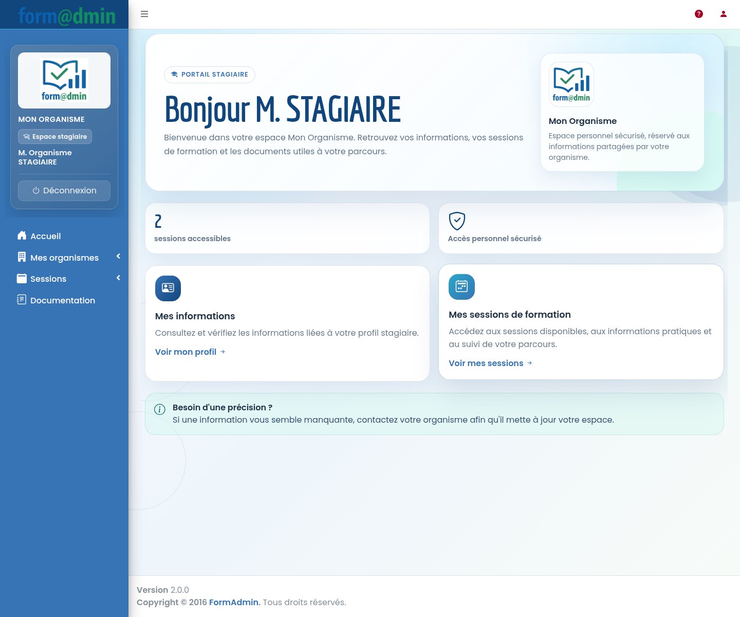 Espace stagiaire Formadmin pour organisme de formation